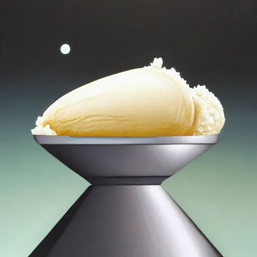 Image similar to Hyperrealistic symmetric painting of a levitating ice cream cone filled with mirror-like liquid mercury