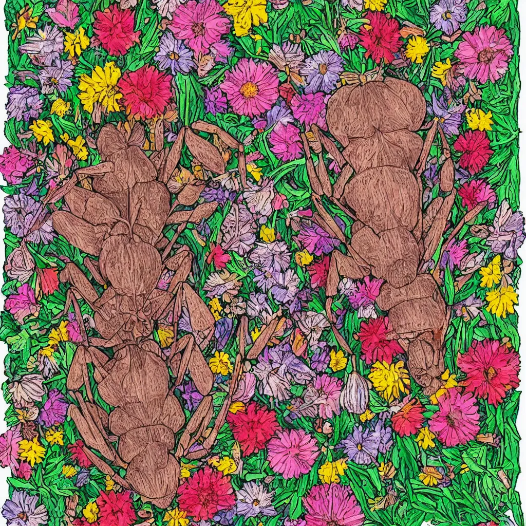 Image similar to a symmetric portrait of the face of an ant, surrounded by flowers, by well renowned world artist