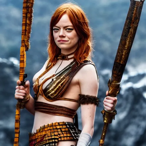 Prompt: full photo of emma stone as an amazon warrior with weapons