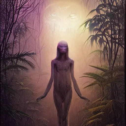 Image similar to a hyperrealistic painting of a beautiful alien princess in the middle of an alien jungle, bioluminescent plants, by john kenn mortensen and zdzislaw beksinski, highly detailed, vivid color,