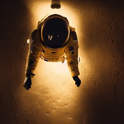 Image similar to dark photograph of an astronaut, lit from bottom, full body photo,, 8 k