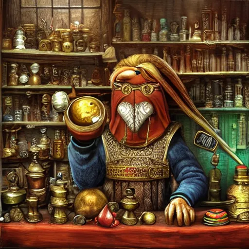 Prompt: Anthropomorphized parrot trader in his shop, selling his wares, portrait, items, gold, magic potions, carpet, window, sly expression , cunning expression, cute expression, long beak, presenting wares, holding a gold bag, D&D, fantasy, cinematic lighting, highly detailed, digital painting, artstation, concept art, smooth, sharp focus, illustration, warm light, cozy warm tint, magic the gathering artwork, volumetric lighting, 8k, art by Akihiko Yoshida, Greg Rutkowski