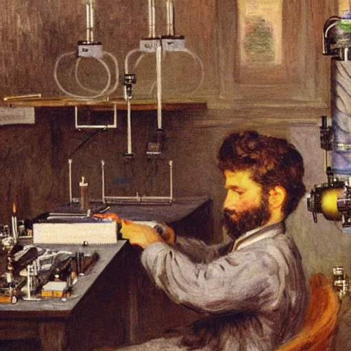 Image similar to a young man with brown hair and short beard building a robot in his lab in berlin by monet