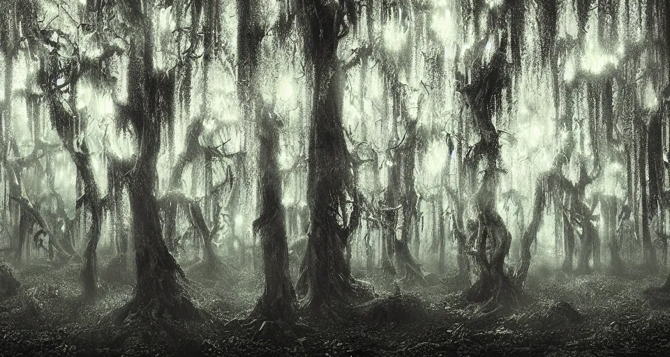 Image similar to A dense and dark enchanted forest with a swamp, by Jesper Esjing