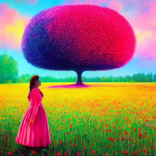 Prompt: girl made from large flower, standing in flower field, surreal photography, big trees, sunrise dramatic light, impressionist painting, colorful clouds, digital painting, pointillism, artstation, simon stalenhag