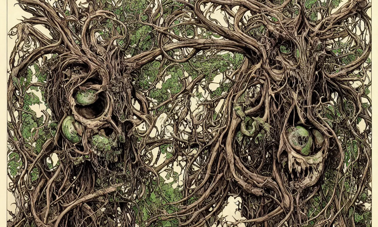 Image similar to hyperdetailed art nouveau portrait of treebeard as a cthulhu eyeball skull wendigo cryptid, by geof darrow, simon bisley and bill sienkiewicz, grim yet sparkling atmosphere, photorealism, claws, skeleton, antlers, fangs, forest, wild, crazy, horror, lynn varley, lovern kindzierski, steve oliff