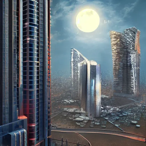 Prompt: russian high - rise buildings, in the style of the futuristic future, the destroyed moon in the sky, photorealism, digital painting, 4 k,