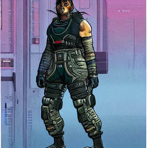 Image similar to Apex legends cyberpunk weight lifter. Concept art by James Gurney and Mœbius.