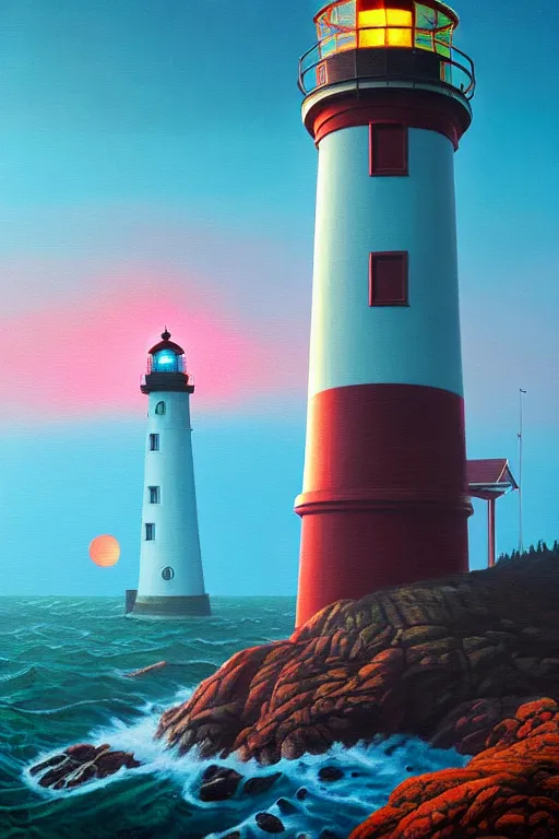 Prompt: a lighthouse in a redwood solar punk vision, overlooking an ocean, oil on canvas by klaus burgle, simon stalenhag, ultra - realistic 3 d depth shading
