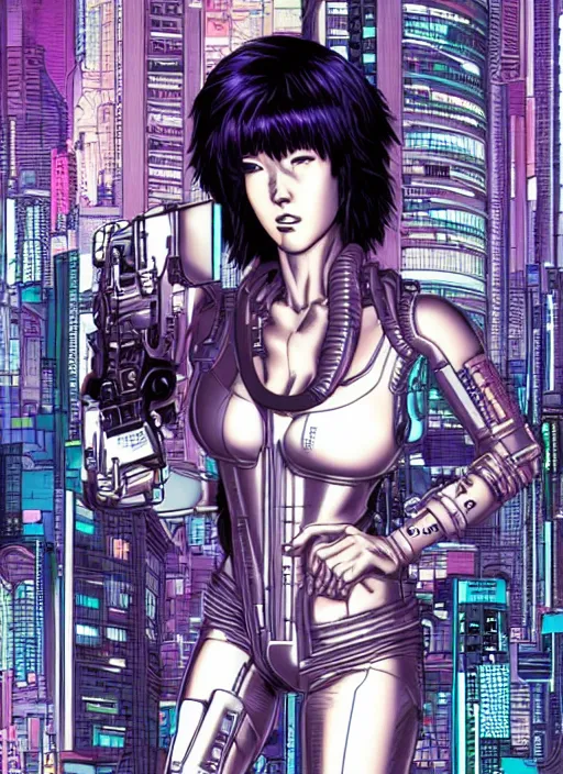 Image similar to motoko kusanagi in grungy cyberpunk megacity, intricate and finely detailed, cyberpunk vaporwave, portrait by j scott campbell, phil jimenez, ilya kuvshinov