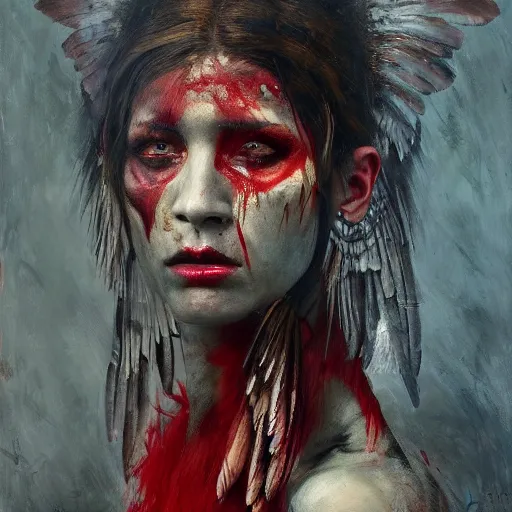 Image similar to portrait of the death angel, beautiful female face, angelic, dark, blood, by jeremy mann, by lucian freud, god rays, female indigenous warrior, warrior face painting red, wings, holding a weapon