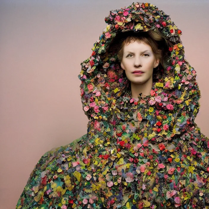 Image similar to a closeup portrait of a woman wearing a cloak made of plastic and mud, in an infinite landscape of flowers, photograph by john currin, canon eos c 3 0 0, ƒ 1. 8, 3 5 mm, 8 k, medium - format print