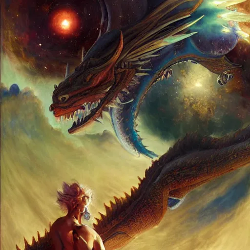 Image similar to Chrystalline blue dragon devouring a planet, space, sun system, nebula, oil painting, by Fernanda Suarez and Edgar Maxence and Greg Rutkowski