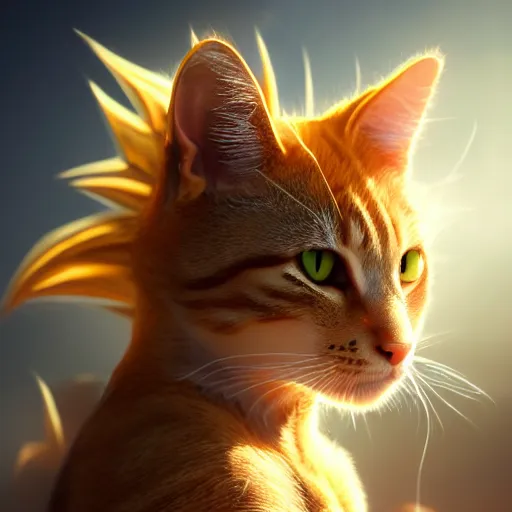 Image similar to tabby cat, golden hour, fantasy, sharp focus, digital art, hyper realistic, 4 k, unreal engine, highly detailed, hd, dramatic lighting by brom, trending on artstation, super saiyan goku