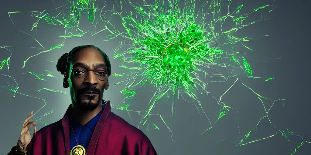 Prompt: snoop dogg as doctor strange, long shadow, light colors, green, weed, marijuana leaves, marijuana, by greg rutkowski, multiple dimensions, shattered glass, refractions, highly detailed, cinematic by francis tnehunreal, octane render, nvidia, concept art