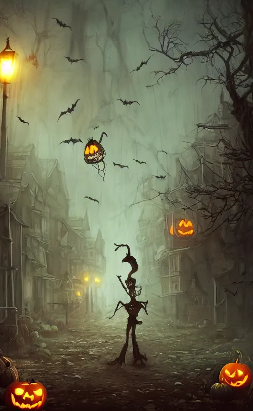 Image similar to a creepy and eery Halloween setting, with Jack o lanterns on the street and ghost roaming around, dynamic lighting, photorealistic fantasy concept art, stunning visuals, creative, cinematic, ultra detailed, trending on art station, spooky vibe