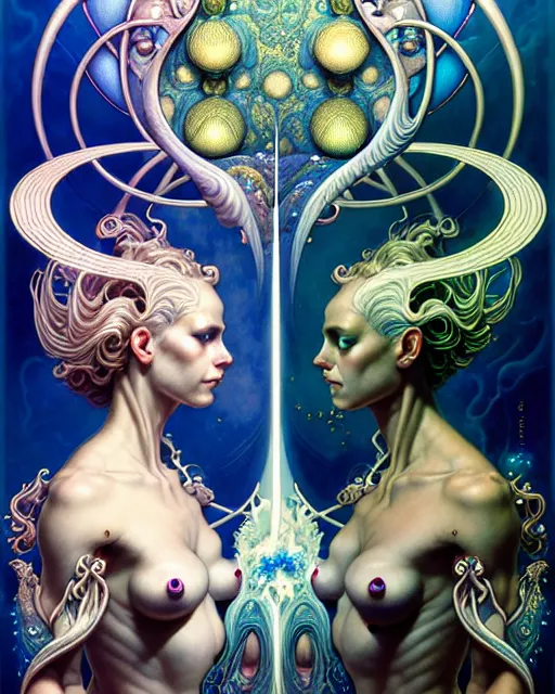 Image similar to a portrait of gemini water and fire fantasy character portrait made of fractals facing each other, art nouveau accents, ultra realistic, wide angle, intricate details, the fifth element artifacts, highly detailed by peter mohrbacher, hajime sorayama, wayne barlowe, boris vallejo, aaron horkey, gaston bussiere, craig mullins