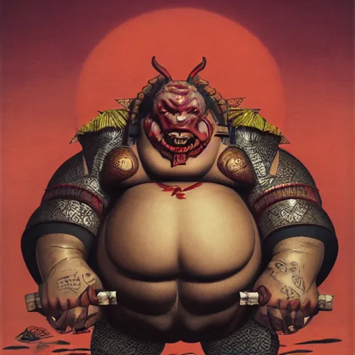 Image similar to character portrait of a plump rubenesque woman shugoki wearing samurai o - yoroi, mortal shell, scorn game, by h r geiger and beksinski, grim dark, lara sava, ukiyo - e, cg society, tone mapping, global illumination,