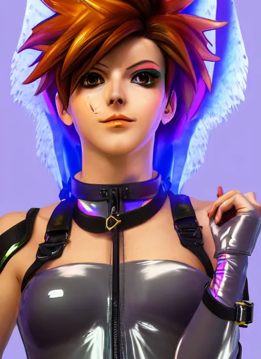 Image similar to portrait bust digital artwork of tracer overwatch, wearing iridescent rainbow latex and leather straps catsuit outfit, expressive happy face, makeup, in style of mark arian, angel wings, wearing detailed leather collar, chains, black leather harness, detailed face and eyes,