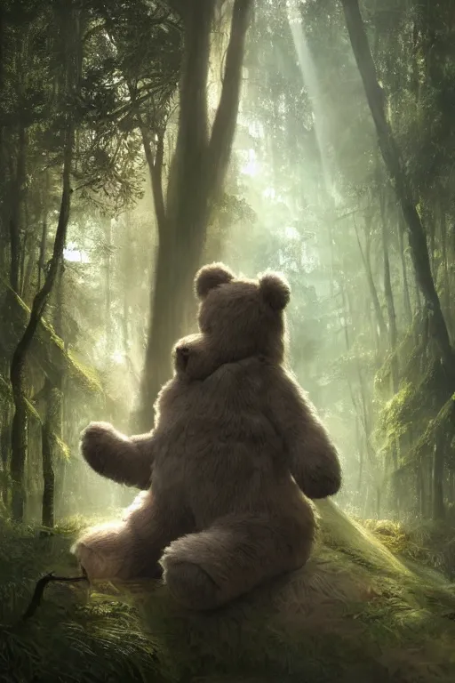 Image similar to mean fluffy teddybear protecting girl in a forest with rays of light coming through the canopy, masterpiece, dystopian, sci-fi, extremely detailed, digital painting, sculpted in zbrush, artstation, concept art, smooth, sharp focus, illustration, chiaroscuro lighting, golden ratio, incredible art, artgerm, greg rutkowski, alphonse mucha, simon stalenhag, carravaggio