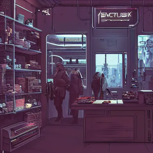 Prompt: cyberpunk merchant in their shop, Industrial Scifi, detailed illustration, Chiaroscuro, concept art, blade runner 2049, by Martin Grip and Moebius