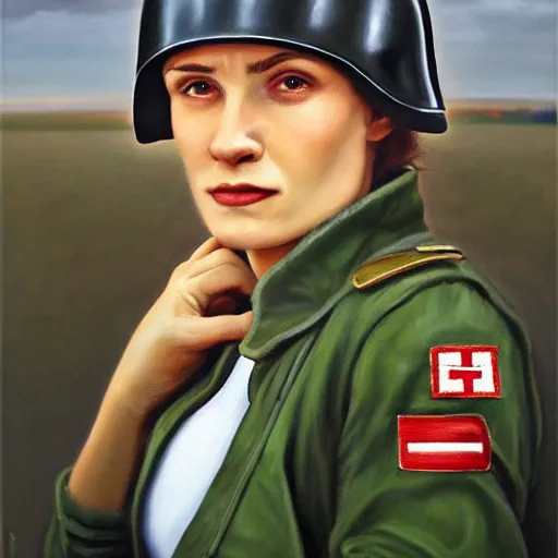 Prompt: woman in a russian tank drivers helmet and bomber jacket by kathrin longhurst