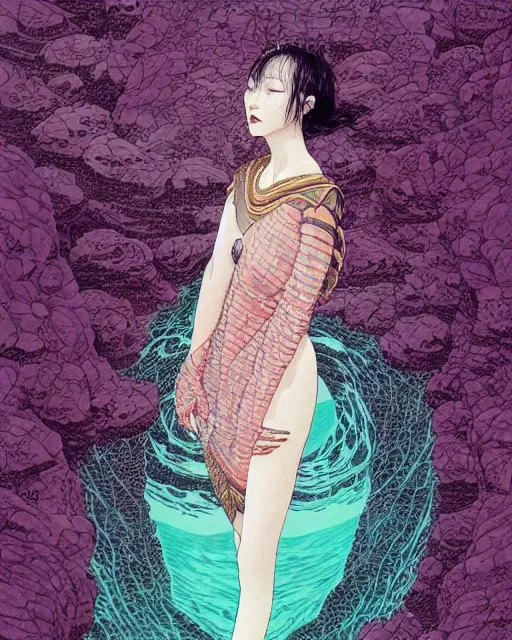 Image similar to lee jin - eun in luxurious dress emerging from pink and turquoise water in egyptian pyramid city during an eclipse by takato yamamoto, nicola samuri, conrad roset, m. k. kaluta, martine johanna, rule of thirds, elegant look, beautiful, chic, face anatomy, cute complexion