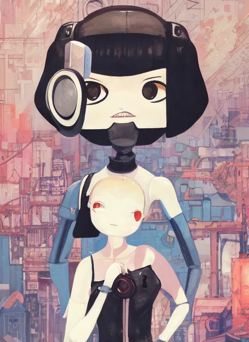 Image similar to a gouache painting in the style of nier automata, by hikari shimoda, ilya kuvshinov, yoshitaka amano, by shaun tan, by good smile company, a detailed 3 d render of audrey hepburn as an android, portrait, cgsociety, artstation, a modular costume and headpiece, action adventure scene