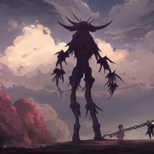 Image similar to a gigantic shadowy bug demon cyclops, medieval background, highly detailed, digital painting, artstation, matte, by makoto shinkai, animation style, studio ghibli, anime key visual