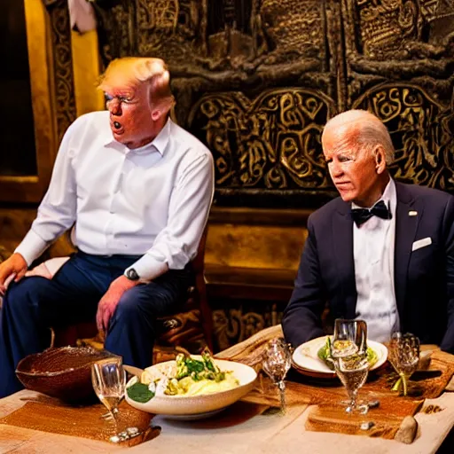 Image similar to Trump and Biden having dinner at a fancy Balinese restaurant, award winning photography, 85mm, perfect faces