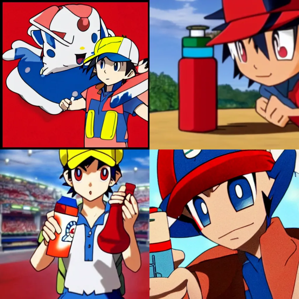 Prompt: Ash Ketchum holding a ketchup bottle,