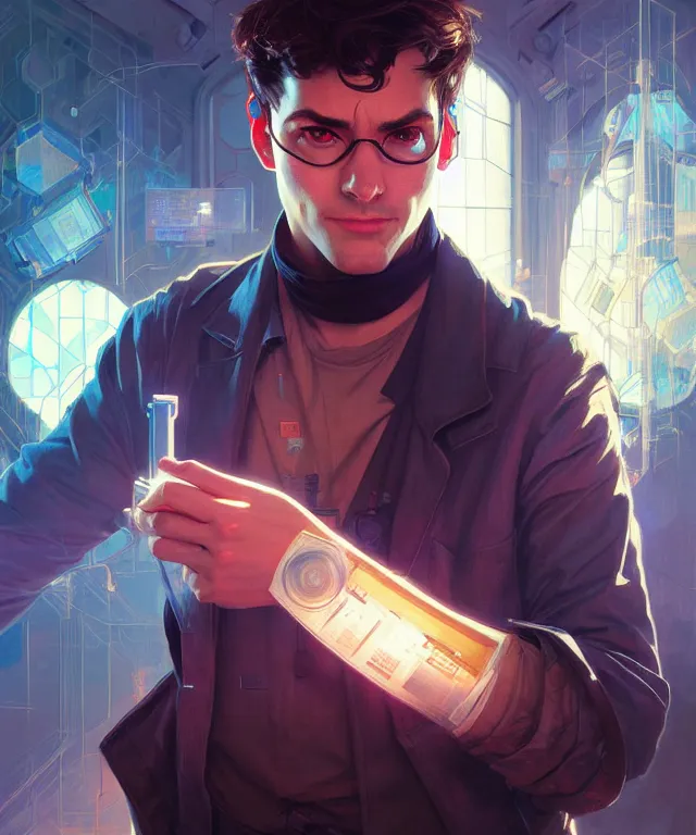 Image similar to Hacker man hacks computer, highly detailed, digital painting, artstation, concept art, smooth, sharp focus, illustration, art by artgerm and greg rutkowski and alphonse mucha