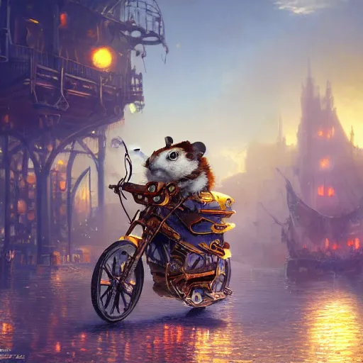 Image similar to oil painting of steampunk hamster riding on duck, steampunk city background, sharp focus, fantasy style, octane render, volumetric lighting, 8k high definition, by greg rutkowski, highly detailed, trending on art Station, explosions, magic the gathering artwork, centered