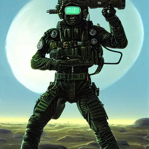 Image similar to painting of a futuristic soldier with advanced night vision goggles, military black outfit by jeff easley and peter elson, surreal + highly detailed, intricate complexity, epic composition, scifi atmosphere + masterpiece, award winning + trending on artstation
