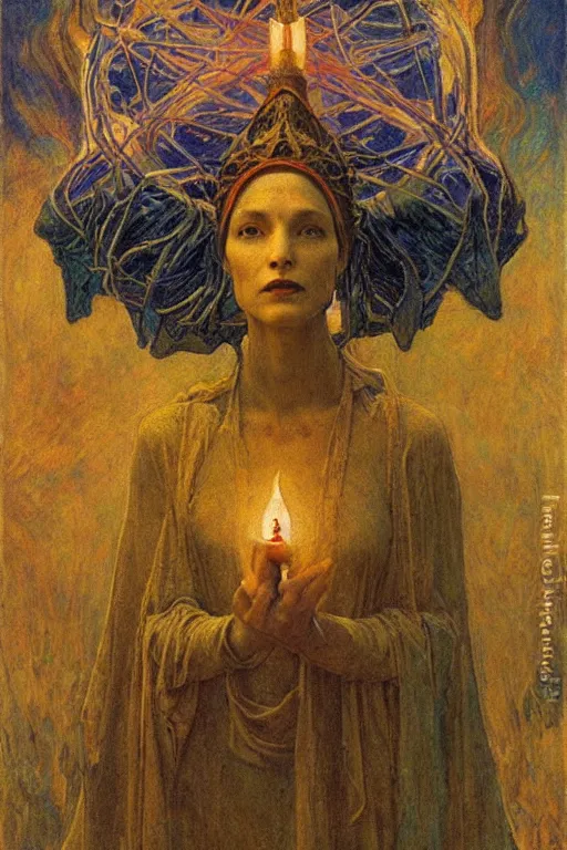 Prompt: queen of the swamp with her lantern by Annie Swynnerton and Nicholas Roerich and jean delville, strong dramatic cinematic lighting , ornate headdress , flowing robes, lost civilizations, smooth, sharp focus, extremely detailed