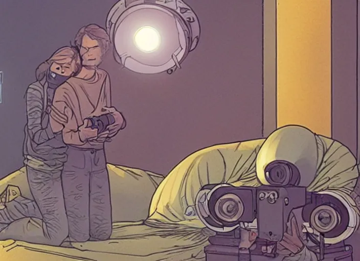 Prompt: cameras with eyes as lenses film a frightened couple embracing by Moebius, sci-fi, reimagined by industrial light and magic