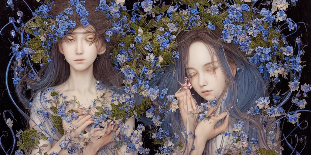 Image similar to breathtaking detailed concept art painting of the goddesses of nemophila flowers, orthodox saint, with anxious, piercing eyes, ornate background, amalgamation of leaves and flowers, by Hsiao-Ron Cheng, James jean, Miho Hirano, Hayao Miyazaki, extremely moody lighting, Black paper, cut paper texture, Full of light-blue and silver and white layers, 8K