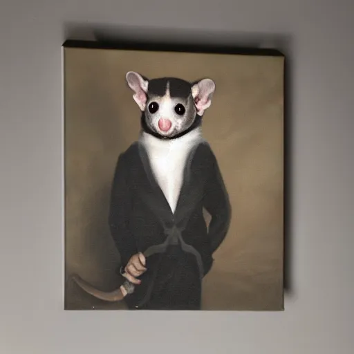 Image similar to sugarglider in a suit 1 5 9 5, a dnd fantasy, chiaroscuro medieval sugarglider, devilish lighting, sugarglider animal perfect epic painting. official portrait, dnd character painting by gibbs - coolidge. oil on canvas, wet - on - wet technique, underpainting, grisaille, chiaroscuro realistic. restored face.