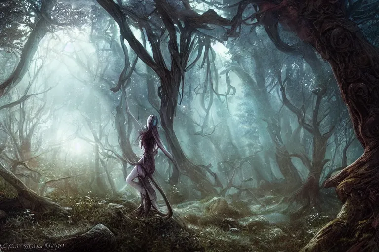 Image similar to an old elven wood, a view to an eerie fantasy world, ethereal back light, mist, coherent composition, detailed fantasy painting by artgerm