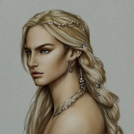 Image similar to sketch drawing of beautiful greek goddess aphrodite with arrowhead earrings and beautiful feather jewelry, beautiful piercing eyes, beautiful blonde hair, hyper realistic face, in the style of greg rutkowski, fantasy, amazing detail, epic, elegant, smooth, sharp focus, from the front