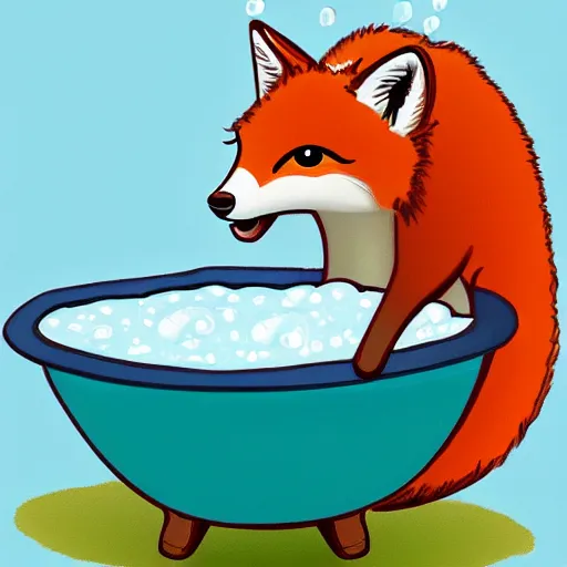 Prompt: small fox taking a bubble bath, digital art