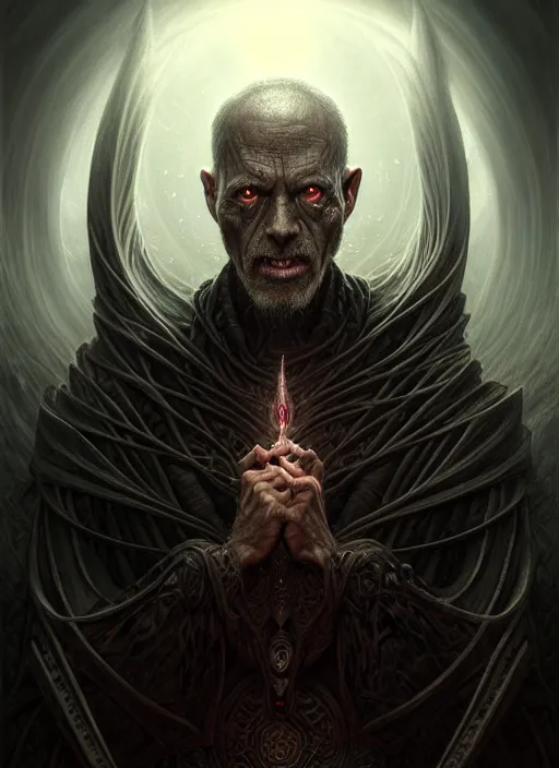 Image similar to portrait shot of a dark evil wizard in a scenic dystopian environment, intricate, elegant, highly detailed, centered, digital painting, artstation, concept art, smooth, sharp focus, illustration, artgerm, tomasz alen kopera, peter mohrbacher, donato giancola, joseph christian leyendecker, wlop, boris vallejo