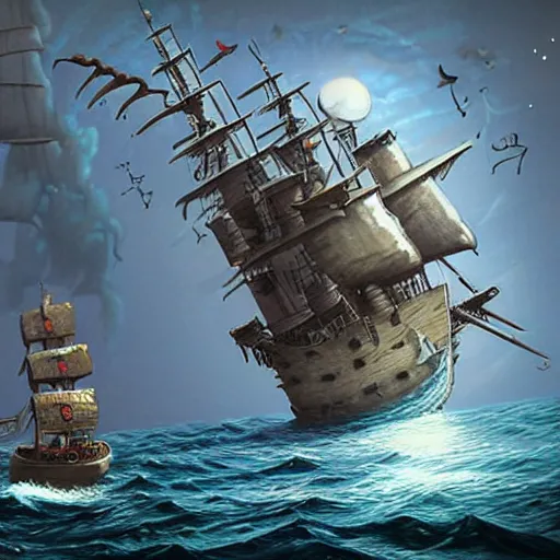 Image similar to A robot navigating an old pirate ship on the ocean, fantasy style