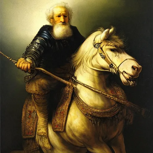 Prompt: old man ( wise long white beard wearing a hooded tunic ) riding on lions back by rembrandt