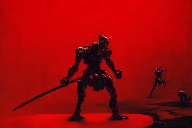 Image similar to only with red, a red cyborg samurai, tokio futuristic in background, some evil yokai fight, in the style of beksinski, parts by edward hopper, parts by rodcenko, parts by yue minjun, intricate and epic composition, red by caravaggio, insanely quality, highly detailed, masterpiece, red light, artstation, 4 k