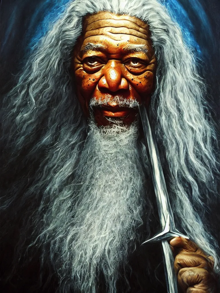 Prompt: morgan freeman starring as gandalf in lord of the rings, epic dark fantasy horror stylized oil painting by ivan shiskin. trending on artstation