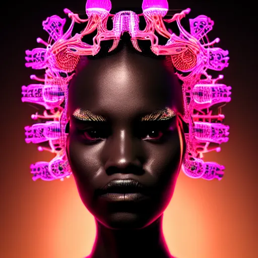 Image similar to portrait of an absurdly beautiful, graceful, sophisticated, fashionable black cyberpunk mechanoid gravure idol, hyperdetailed illustration by irakli nadar, alek wek, matt wisniewski style, intricate linework, dark skin, neon jellyfish headdress, intricate ivory carved ruff, unreal engine 5 highly rendered, global illumination, radiant light, detailed and intricate environment