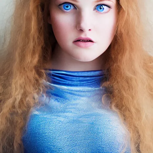 Image similar to A stunningly beautiful high key studio portrait adorable young curvy elven princess with Steve McCurry blue eyes. Pale skin.