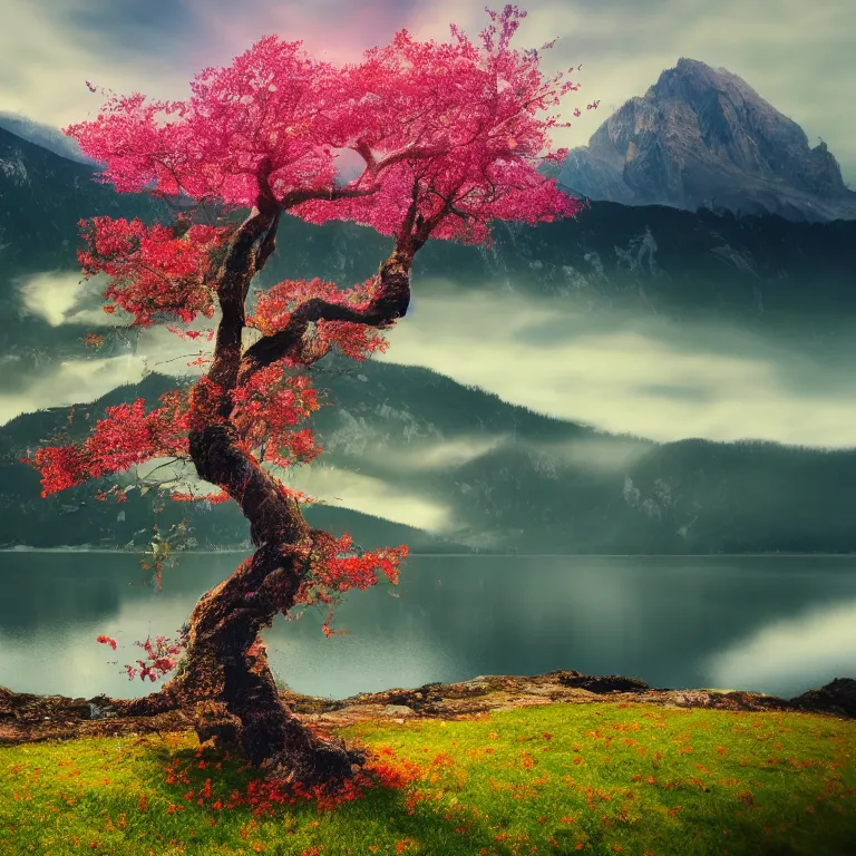 Prompt: a beautiful awesome artistic tree in the sunny day, with falling flowers like leaves and many birds, all in the amazing outdoors view, mountain in the background, lake, long exposure, 8 k resolution, trending on artstation