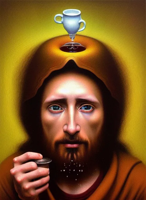 Image similar to hyper detailed 3d render like an Oil painting - Portrait of Jesus Christ drinking coffee by Jacek Yerka, Mariusz Lewandowski, Houdini algorithmic generative render, Abstract brush strokes, Masterpiece, Edward Hopper and James Gilleard, Zdzislaw Beksinski, Mark Ryden, Wolfgang Lettl, hints of Yayoi Kasuma, octane render, 8k